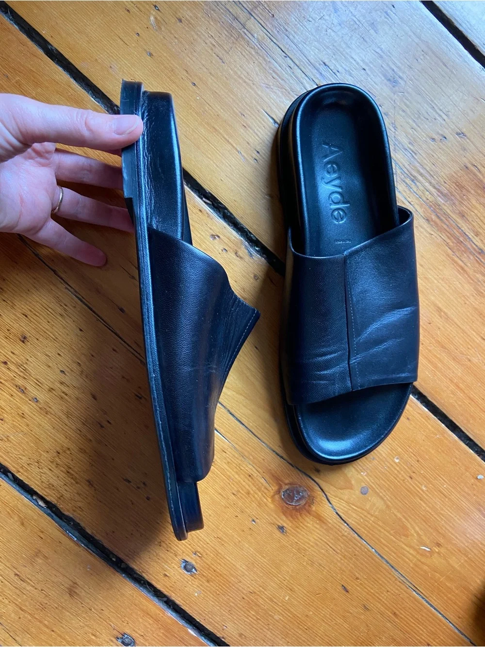 Aeyde black nappa leather slides